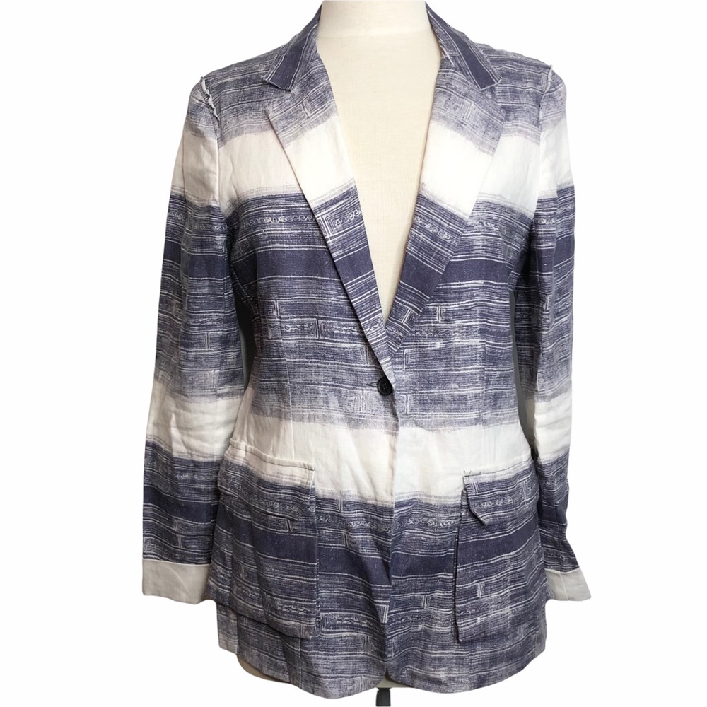 Raquel Allegra Indigo Linen Blend One Button Blazer Jacket - Picture 3 of 12